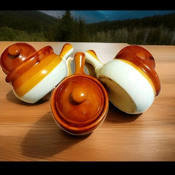 Lot of 3 Vintage Brown&Tan Stoneware French Onion Soup Bowls With Handles & Lids - Picture 2 of 9